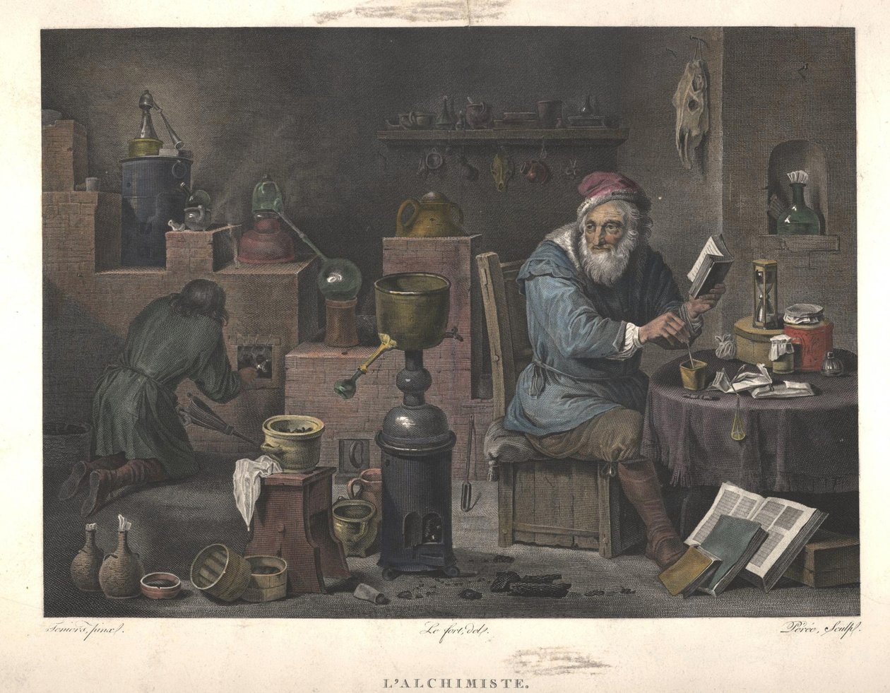 Der Alchemist nach einem Gemälde von David Teniers, spätes 18. Jahrhundert von Jacques Louis Perée