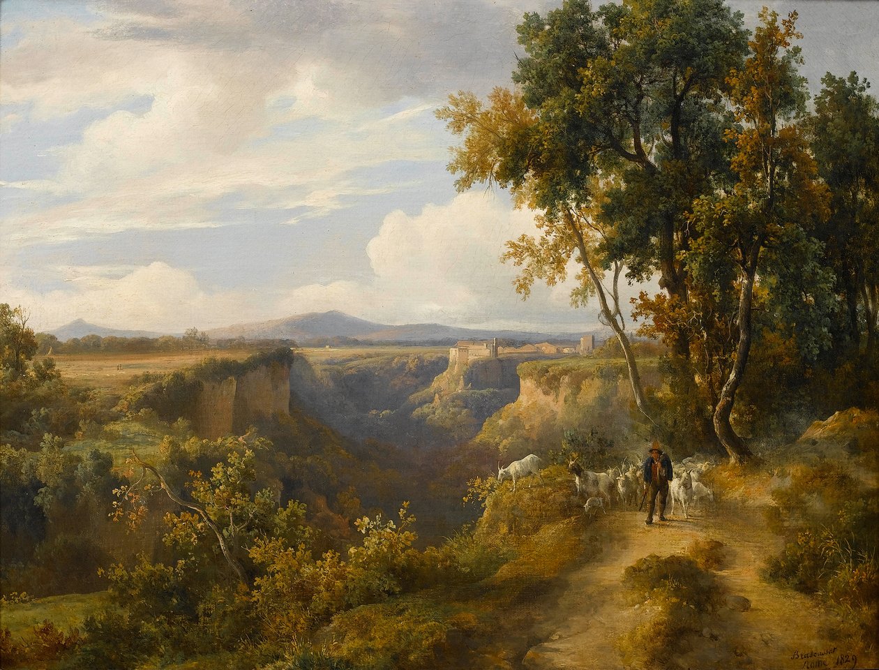 Ein Ziegenhirte und seine Herde in einer italienischen Landschaft, möglicherweise Faleria von Jacques Raymond Brascassat