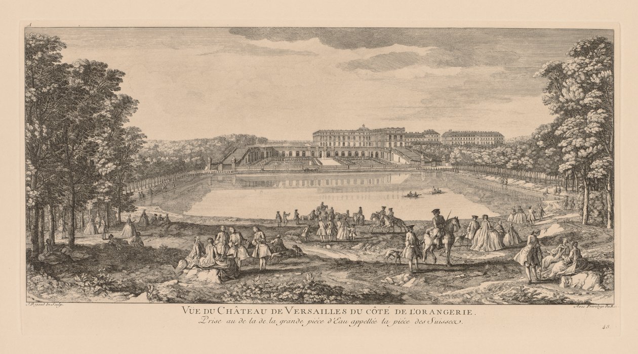 Ansicht des Schlosses von Versailles, von der Seite der Orangerie, jenseits des Schweizer Teichs von Jacques Rigaud