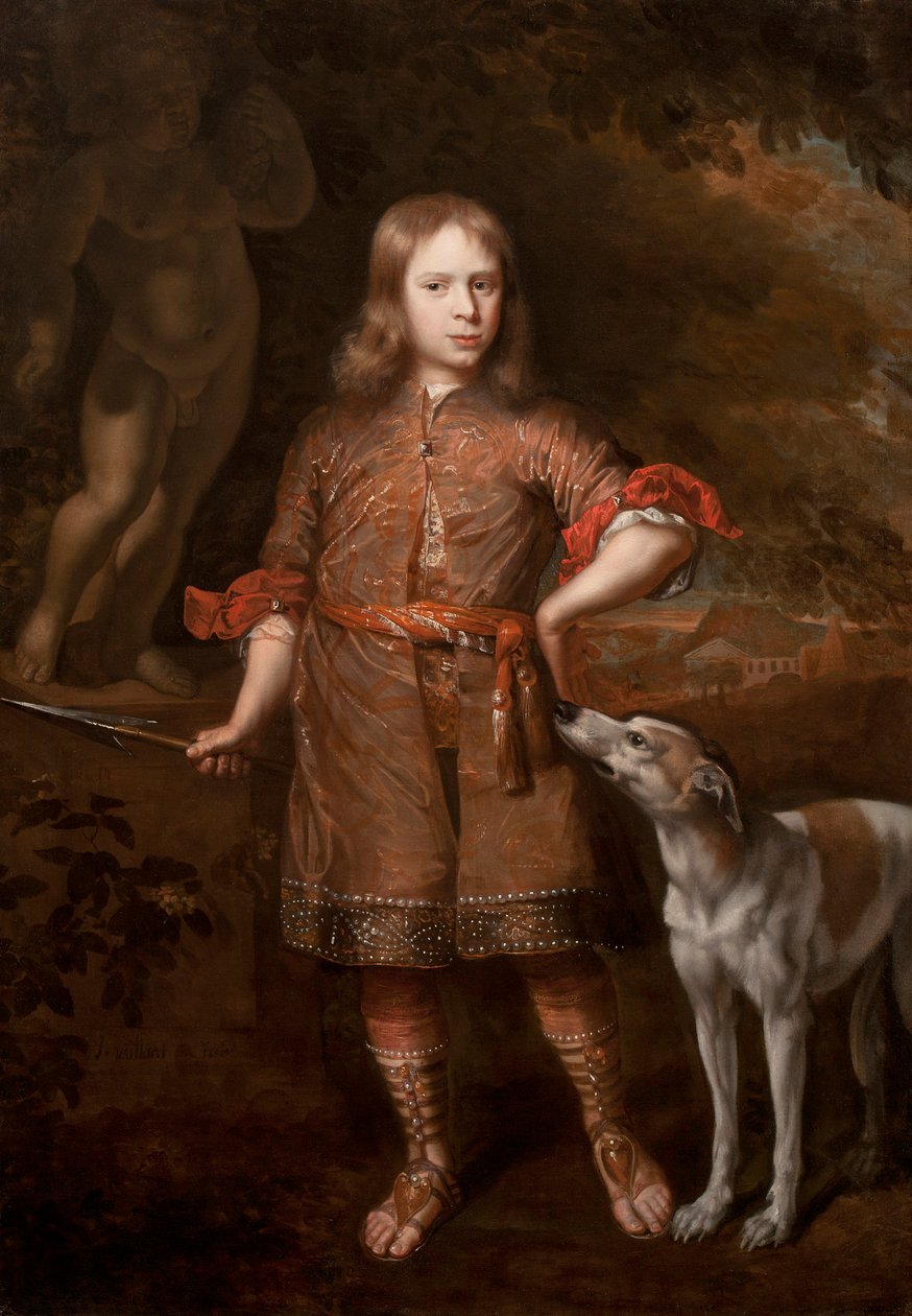 Porträt eines Jungen als Jäger mit Wildschweinspeer und Windhund, Mitte der 1670er Jahre von Jacques Vaillant