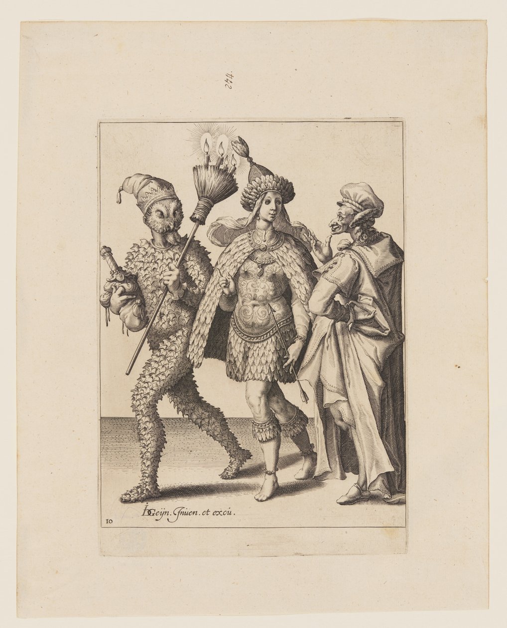 Ein alter Mummer spricht ein Paar in Blättern und Vogelfedern an, aus The Masquerades von Jacques de Gheyn II