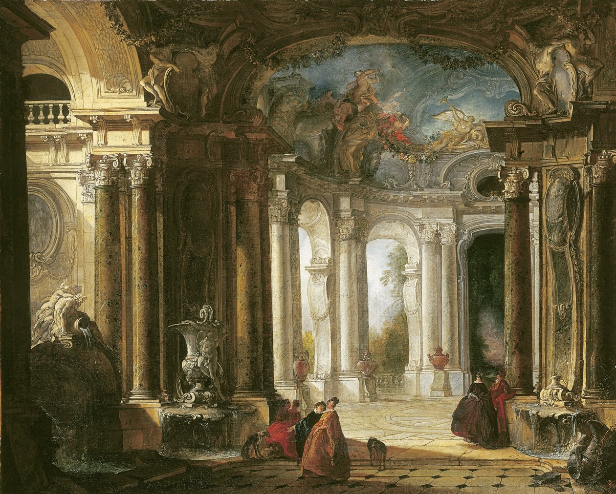 Das Innere eines barocken Palastes mit eleganter Gesellschaft bei Brunnen von Jacques de Lajoüe