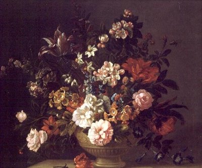 Rosen, Tulpen und andere Blumen in einer Urne auf einem Sims von Jakob Bogdani or Bogdany