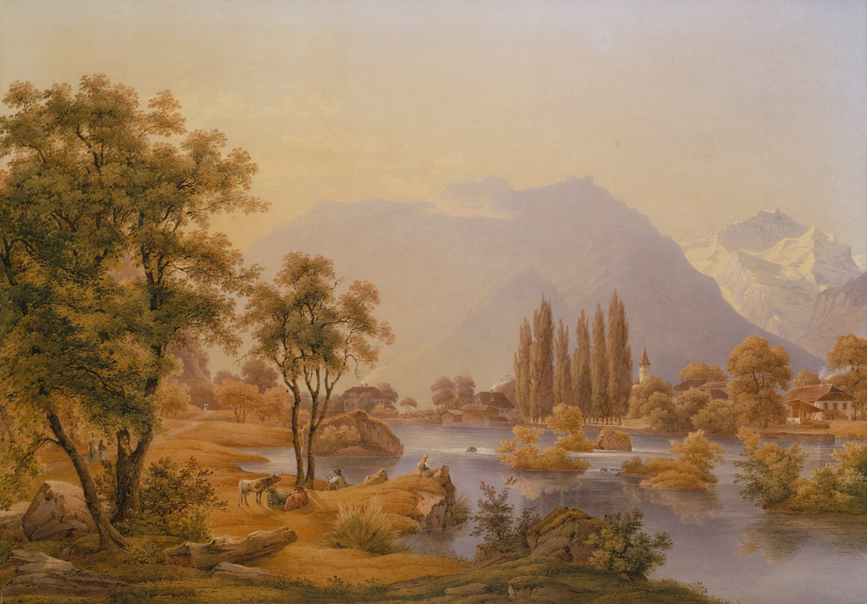 Ein Blick auf den Fluss Aare und Interlaken mit der Kirche des Klosters von Jakob Suter