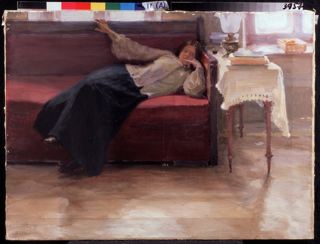 "Songes" junge nachdenkliche Frau auf einem Diwan. Gemälde von Jakov Kalinichenko (1869-1938) von Jakoff Jakovlevitch Kalinitchenko