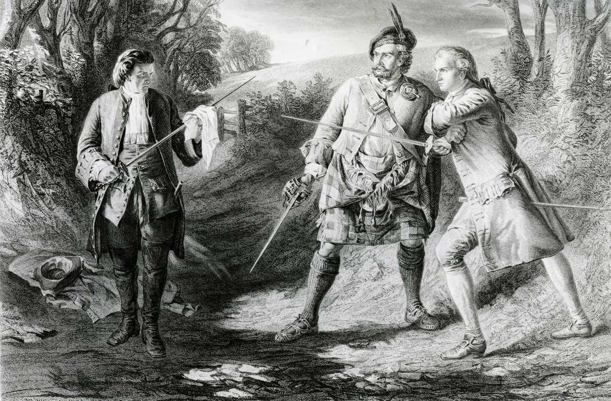 Rob Roy trennt Duellanten Rashleigh und Francis Osbaldistone, graviert von John Le Conte (fl.1850-86) 1867 von James Blake McDonald