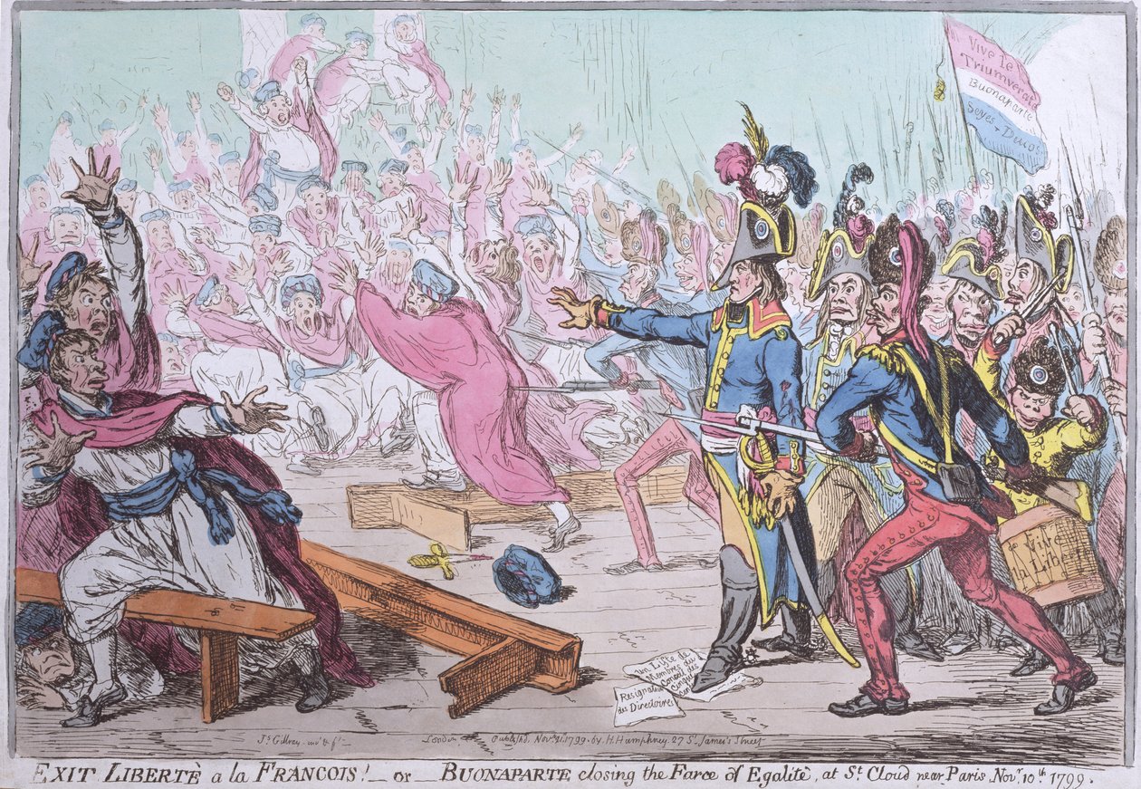 Exit Liberte a la Francois! oder Buonaparte schließt die Farce der Egalite in St. Cloud bei Paris, veröffentlicht von Hannah Humphrey 1799 von James Gillray