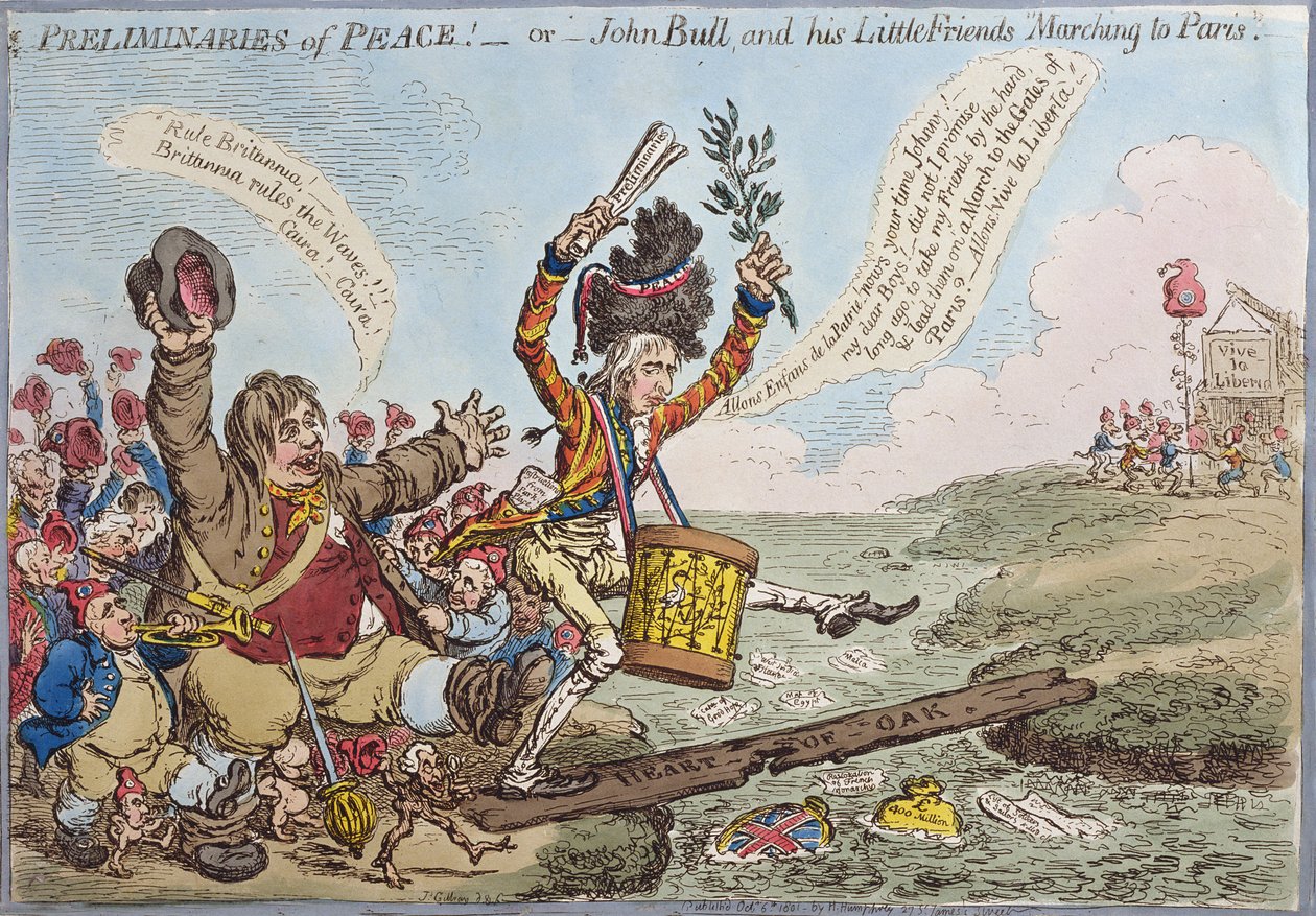 Friedensvorbereitungen, oder John Bull und seine kleinen Freunde marschieren nach Paris, veröffentlicht von Hannah Humphrey im Jahr 1801 von James Gillray