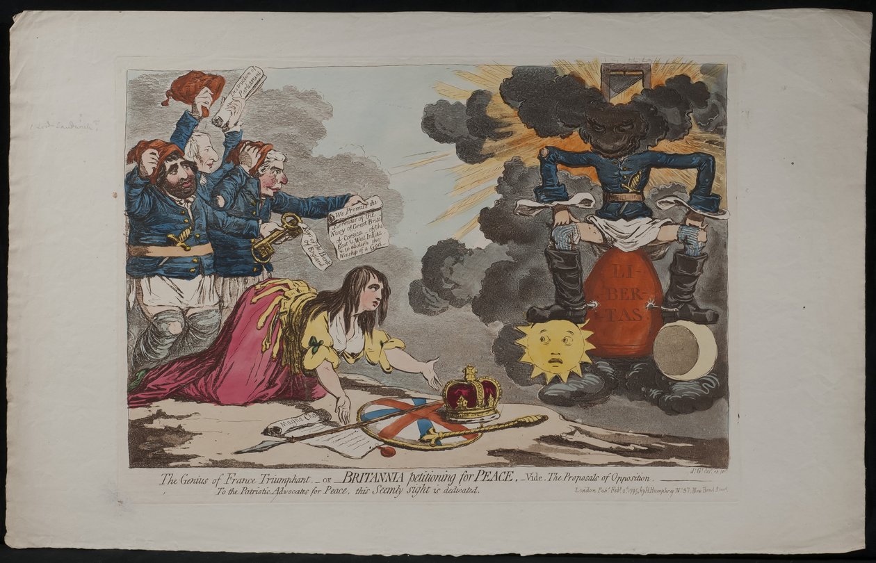 Der Genius von Frankreich triumphiert – oder – Britannia bittet um Frieden, siehe die Vorschläge der Opposition, 1795 von James Gillray