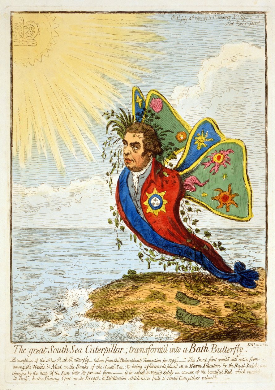 Die große Südsee-Raupe, verwandelt in einen Bad-Schmetterling, 1795 von James Gillray