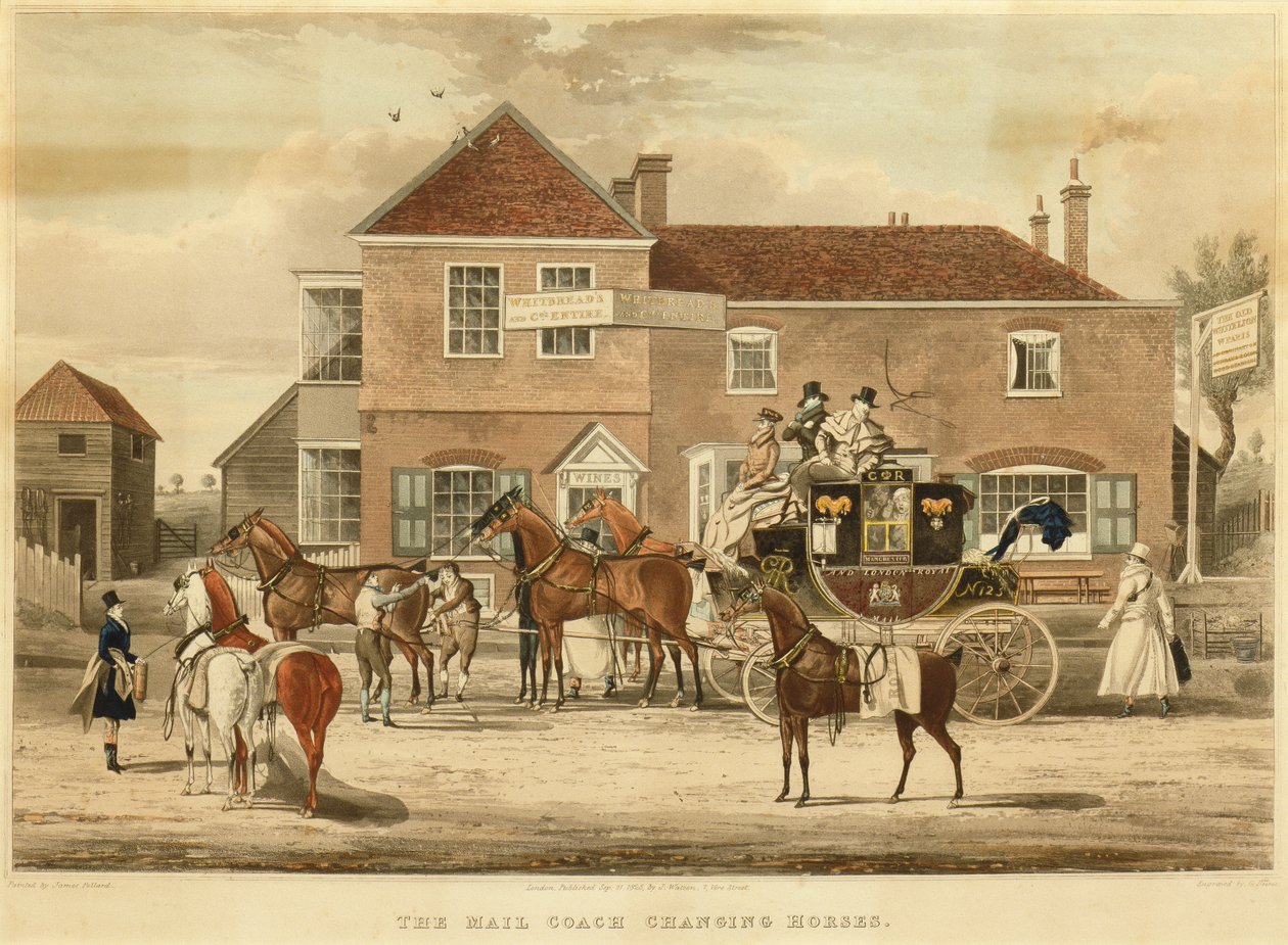 Der Postkutschenwechsel der Pferde, ca. 1825 (Gravur) von James (after) Pollard
