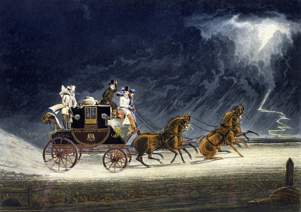 Die Postkutsche in einem Gewitter, graviert von R.G. Reeve von James (after) Pollard