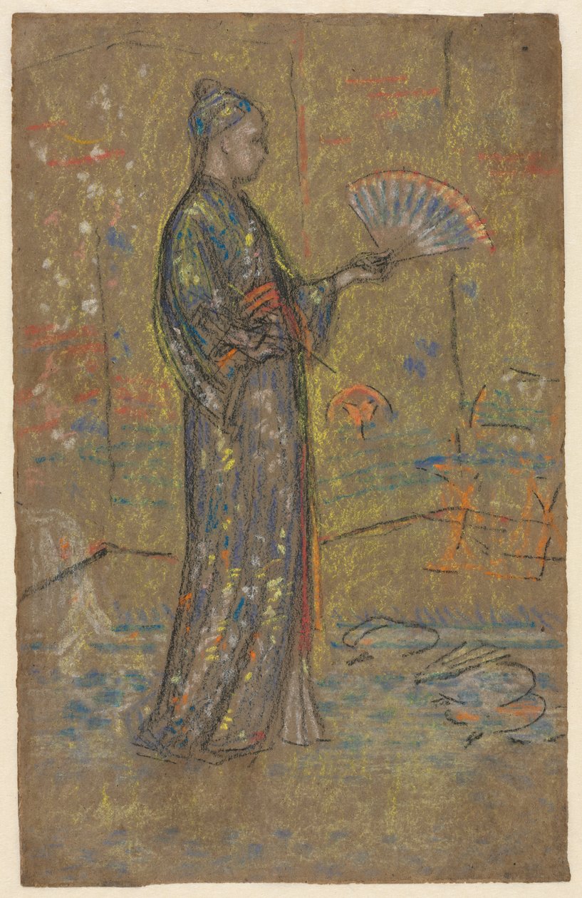 Japanische Frau malt einen Fächer (recto), Stehende Frau hält ihr Kleid hoch (verso), ca. 1872 von James Abbott McNeill Whistler