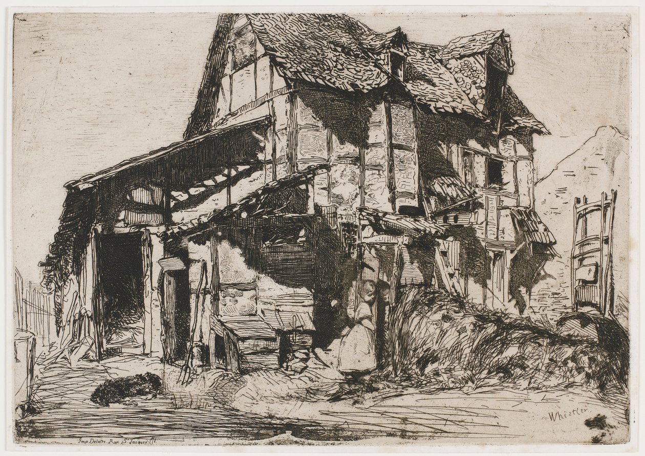 Das unsichere Mietshaus. Eine der zwölf Radierungen aus der Natur Das französische Set, 1858 von James Abbott McNeill Whistler