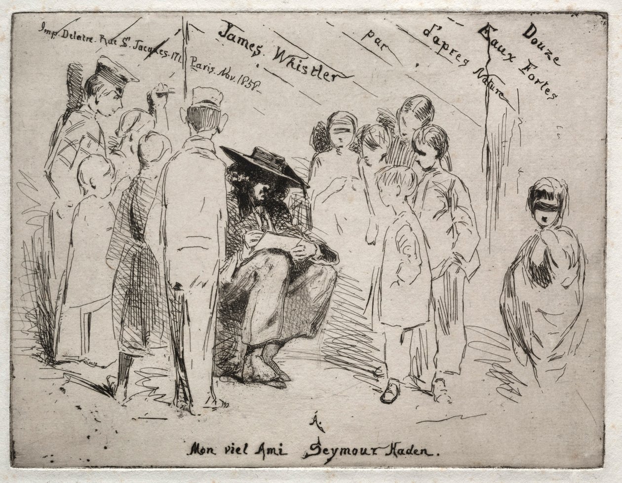 Zwölf Radierungen aus der Natur: Titelseite - Delauney beim Skizzieren, 1858 von James Abbott McNeill Whistler
