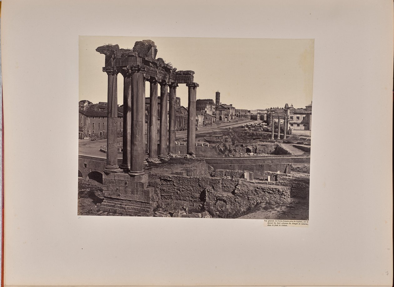 Gesamtansicht des Forum Romanum vom Kapitol aus; vorne die acht Säulen des Saturntempels, im Hintergrund das Kolosseum von James Anderson