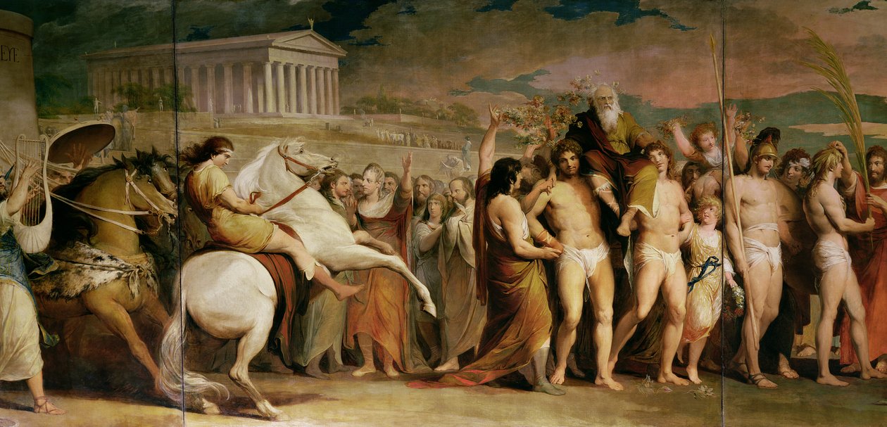 Krönung der Sieger in Olympia, dritte in der Serie Der Fortschritt der menschlichen Kultur und des Wissens, Detail des zentralen Panels mit Diagoras, ca. 1777-1801 von James Barry