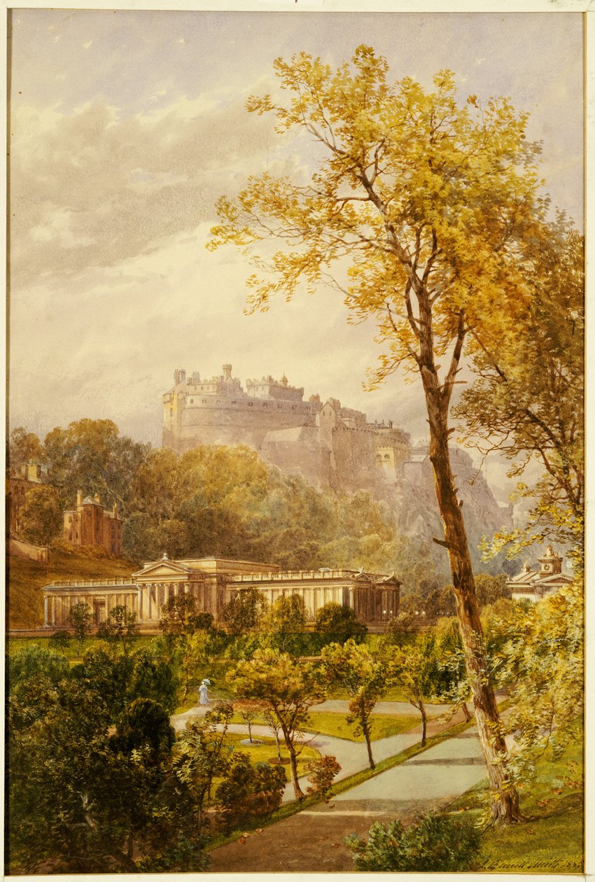 Ein Blick auf die Princes Street Gardens und die National Gallery, Edinburgh, Blick nach Westen in Richtung Schloss, 1855 von James Burrell Smith
