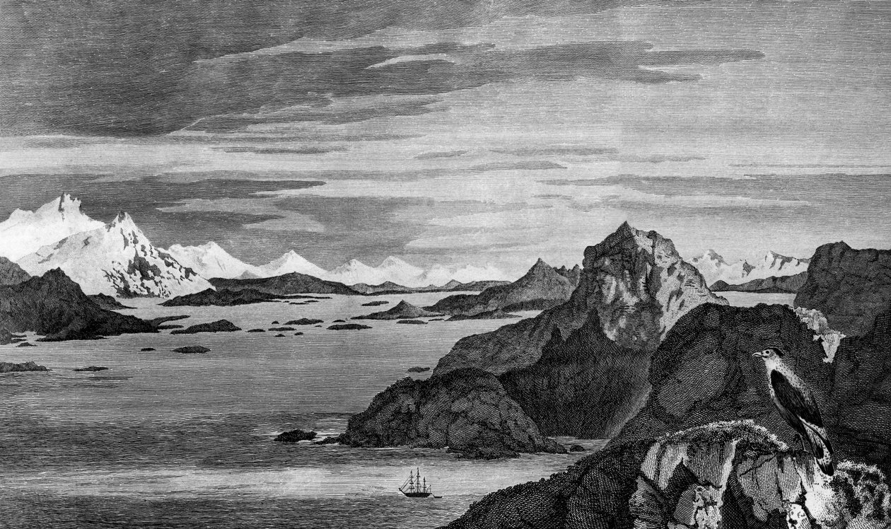 Ansicht von Christmas Sound, Feuerland, Zeichnung von William Hodges, Gravur von William Watts, Illustration aus 