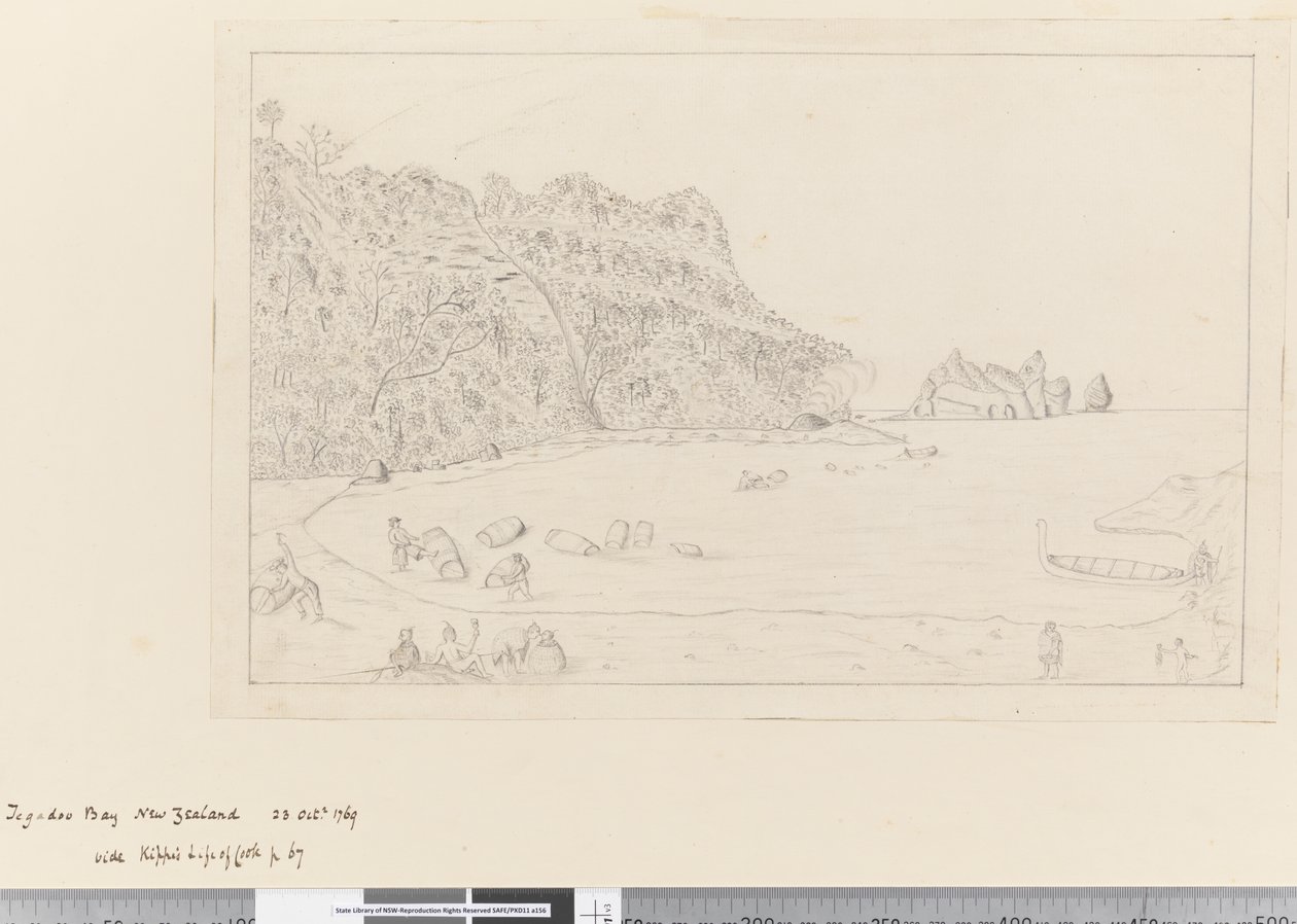 Ansicht des Wasserplatzes Tegadoo Bay, Neuseeland, 23. Oktober 1769 von James Cook