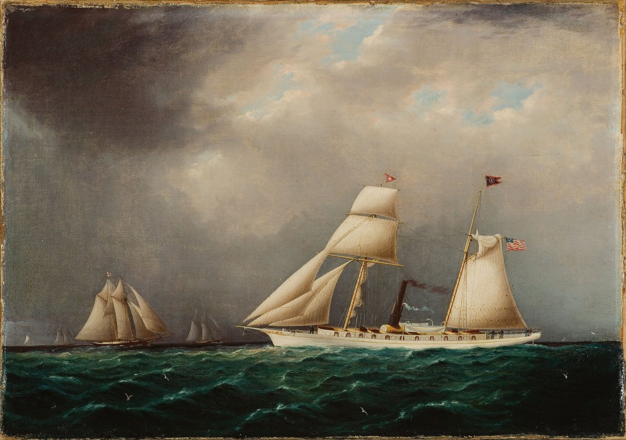 Amerikanische Dampfschiff-Segel-Yacht EMILY auf See mit vier Schoner vor dem Bug von James E. Buttersworth