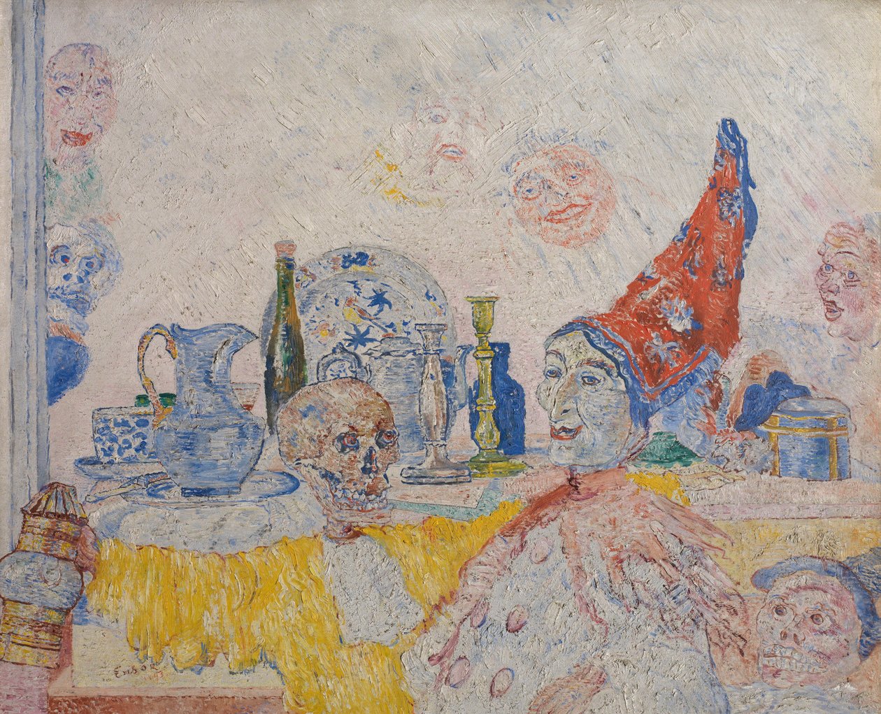 Pierrot und Skelett in einem gelben Gewand von James Ensor