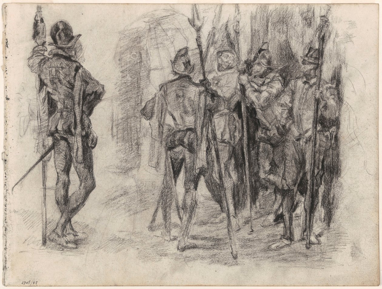 Skizzen von Charakteren und fünf spanische Soldaten mit Lanzen von James Ensor