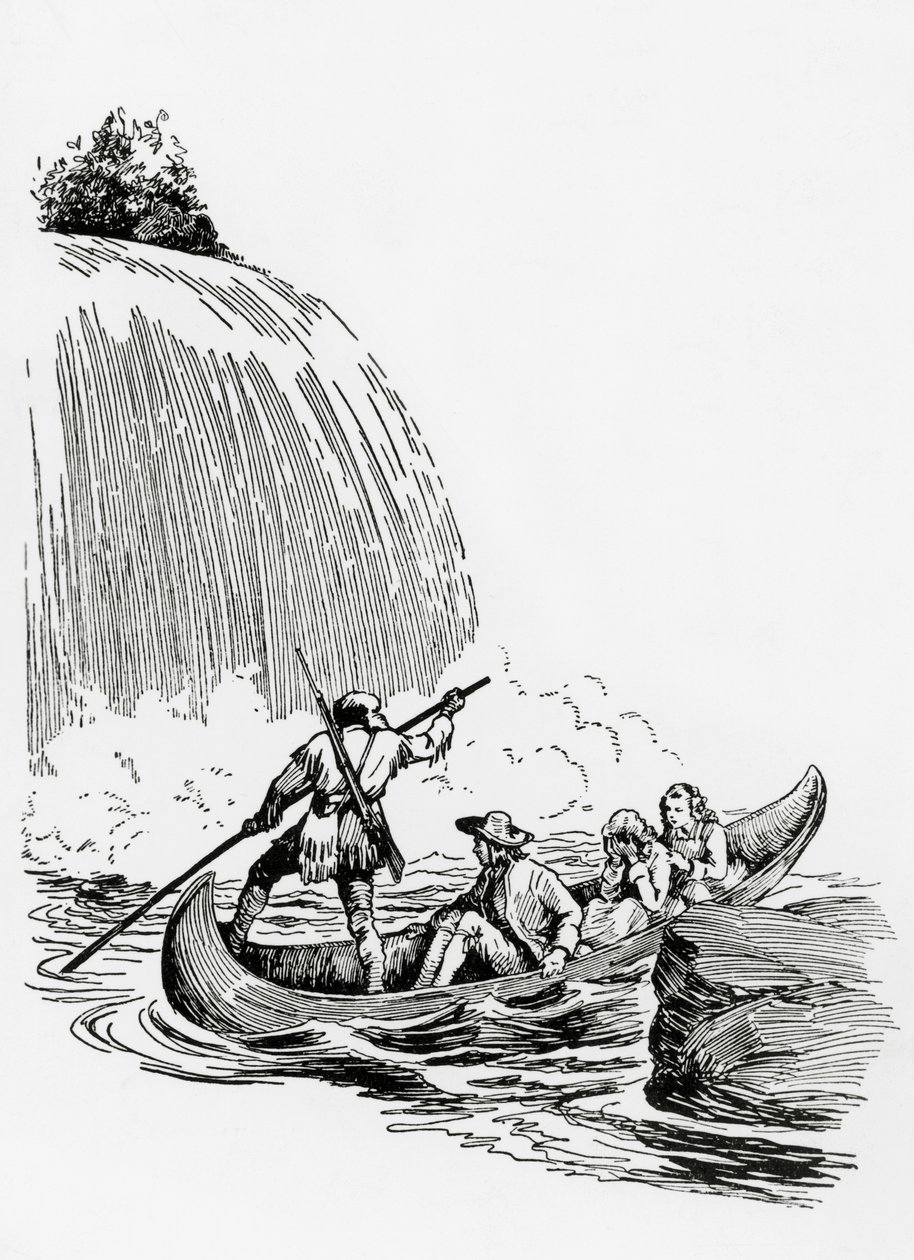 Die Hauptfiguren in einem Kanu bei einem Wasserfall, Illustration für Der letzte Mohikaner von James Fenimore Cooper, Principato Editore, Mailand von James Fenimore Cooper