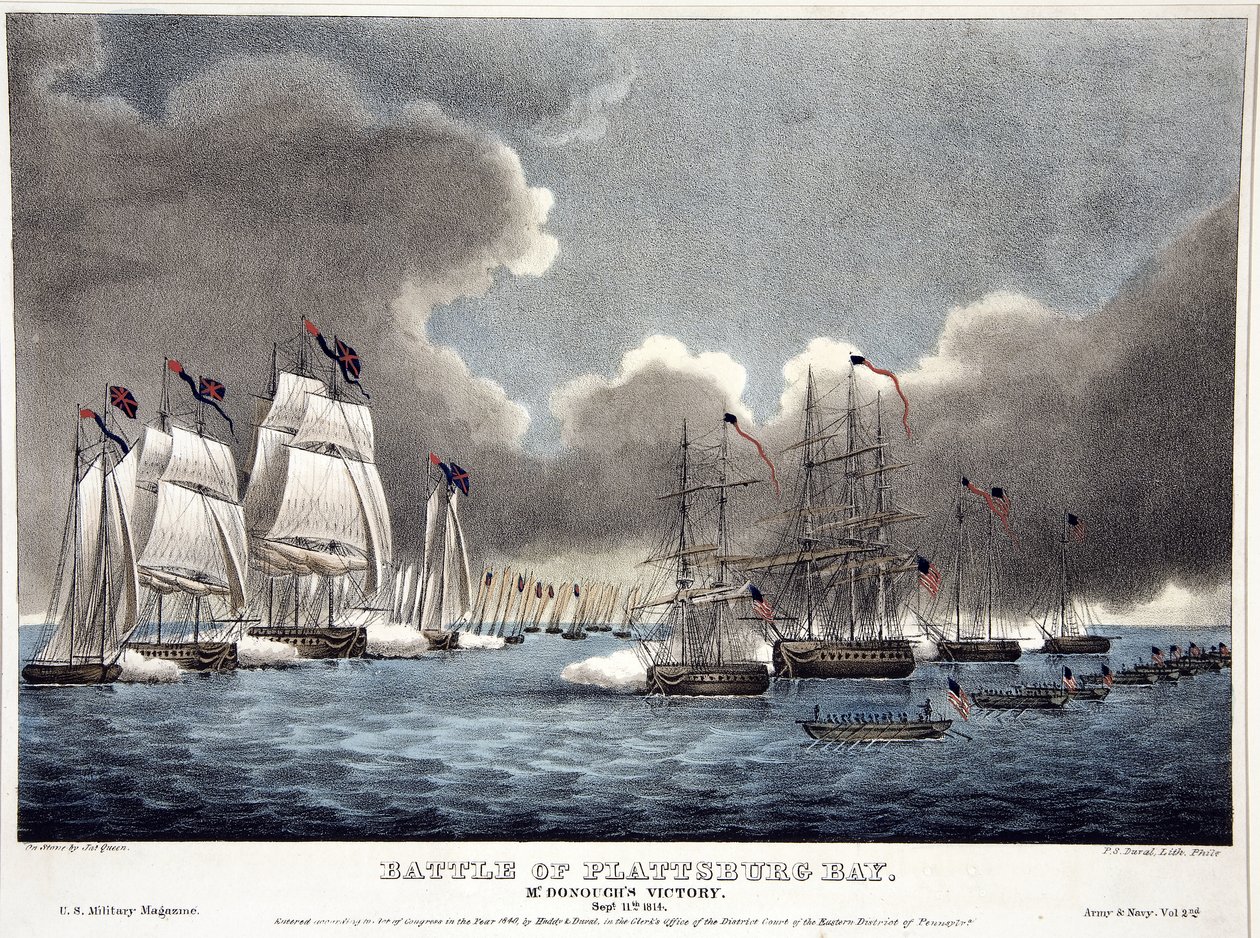 Schlacht von Plattsburg Bay: McDonoughs Sieg, veröffentlicht 1840 (handkolorierter Stich) von James Fuller Queen