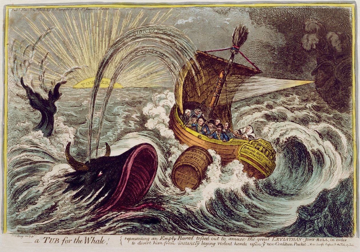 Eine Wanne für den Wal! veröffentlicht von Hannah Humphrey im Jahr 1806 (handkolorierte Radierung) von James Gillray