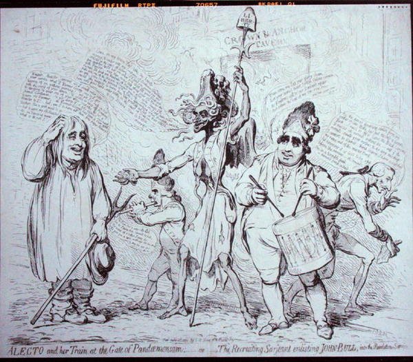 Alecto und ihr Gefolge am Tor von Pandemonium, oder Der Rekrutierungssergeant, der John Bull in den Revolutionsdienst einzieht, veröffentlicht von S.W. Fores im Jahr 1791 von James Gillray