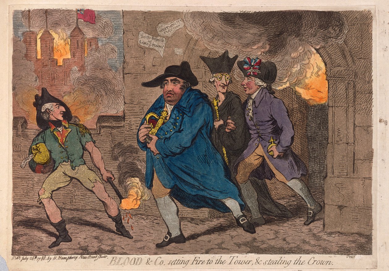 Blood & Co. setzen den Turm in Brand und stehlen die Krone, veröffentlicht 1788 von James Gillray