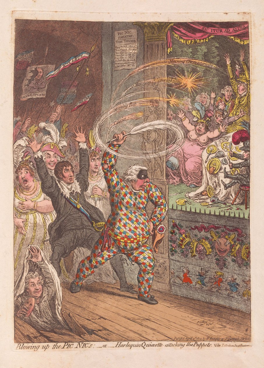Die Pic Nics in die Luft sprengen oder Harlekin Quixotte greift die Puppen an von James Gillray