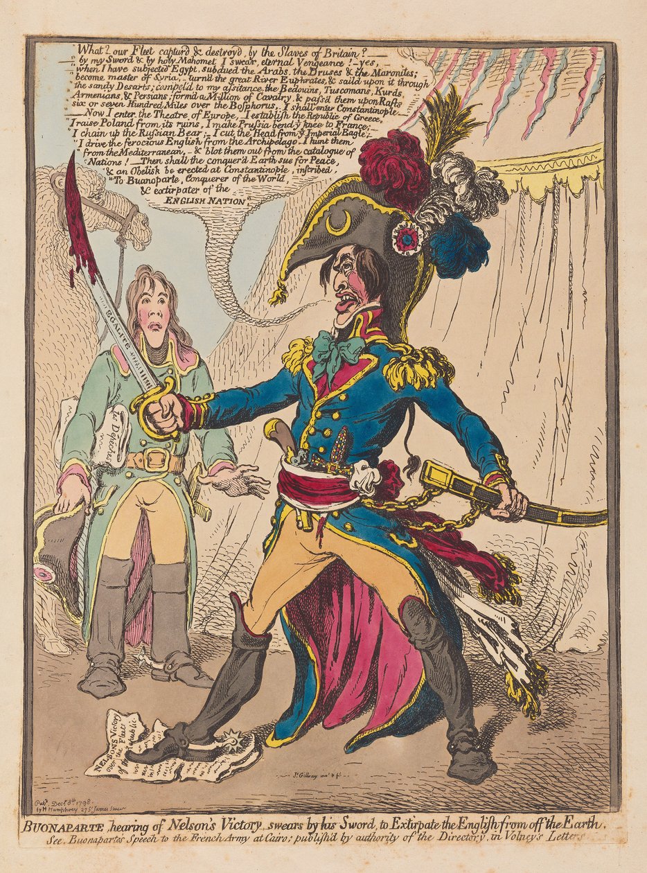 Bonaparte hört von Nelsons Sieg und schwört bei seinem Schwert, die Engländer von der Erde zu vertreiben, veröffentlicht 1798 von James Gillray