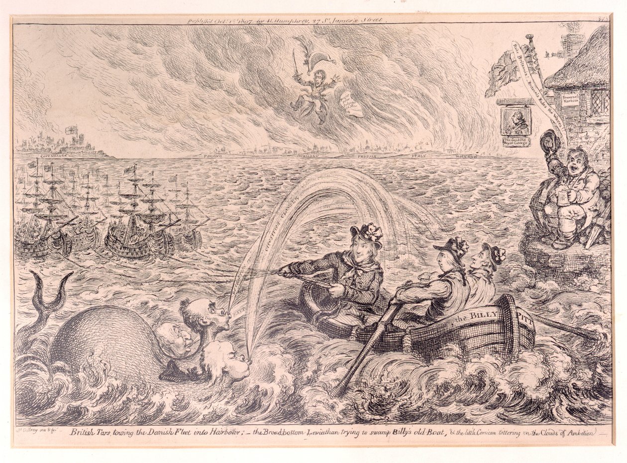 Britische Matrosen schleppen die dänische Flotte in den Hafen, 1807 von James Gillray