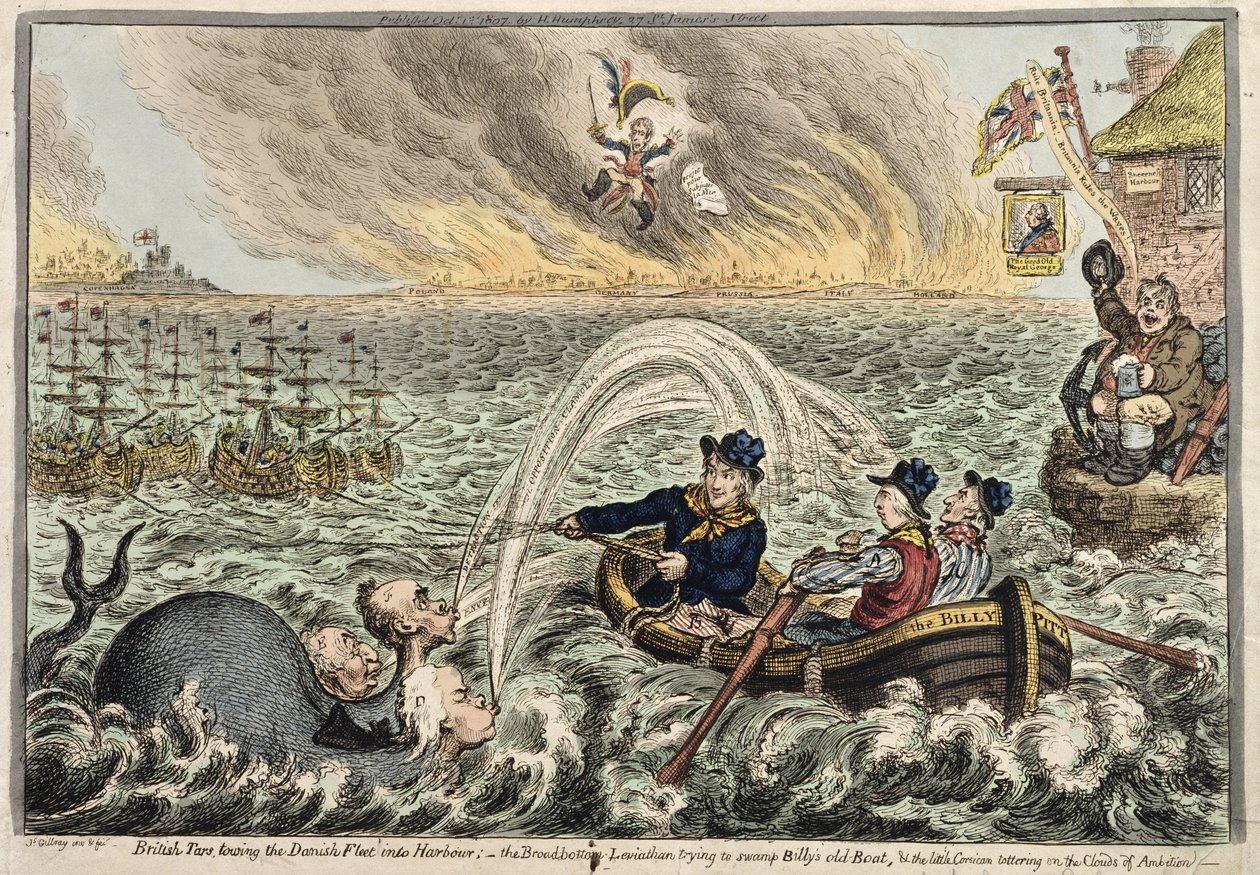 Britische Matrosen schleppen die dänische Flotte in den Hafen, oder der Broadbottom Leviathan versucht Billys altes Boot zu versenken, und der kleine Korsikaner schwankt auf den Wolken des Ehrgeizes, 1807 von James Gillray