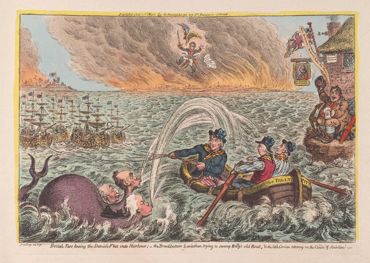 Britische Matrosen schleppen die dänische Flotte in den Hafen: der breite Leviathan versucht Billys altes Boot zu versenken, & der kleine Korsikaner schwankt auf den Wolken des Ehrgeizes von James Gillray