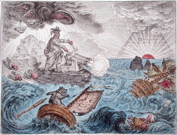 Bruin in seinem Boot, oder Der Manager in Not, veröffentlicht von Hannah Humphrey im Jahr 1806 von James Gillray