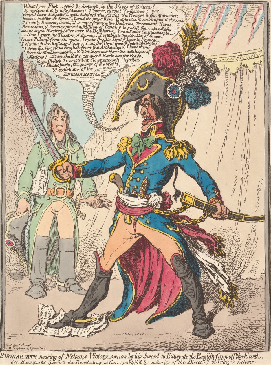 Buonaparte, hört von Nelsons Sieg, schwört bei seinem Schwert, die Engländer von der Erde zu vertreiben (aus: Karikatur, Bd. 1) von James Gillray