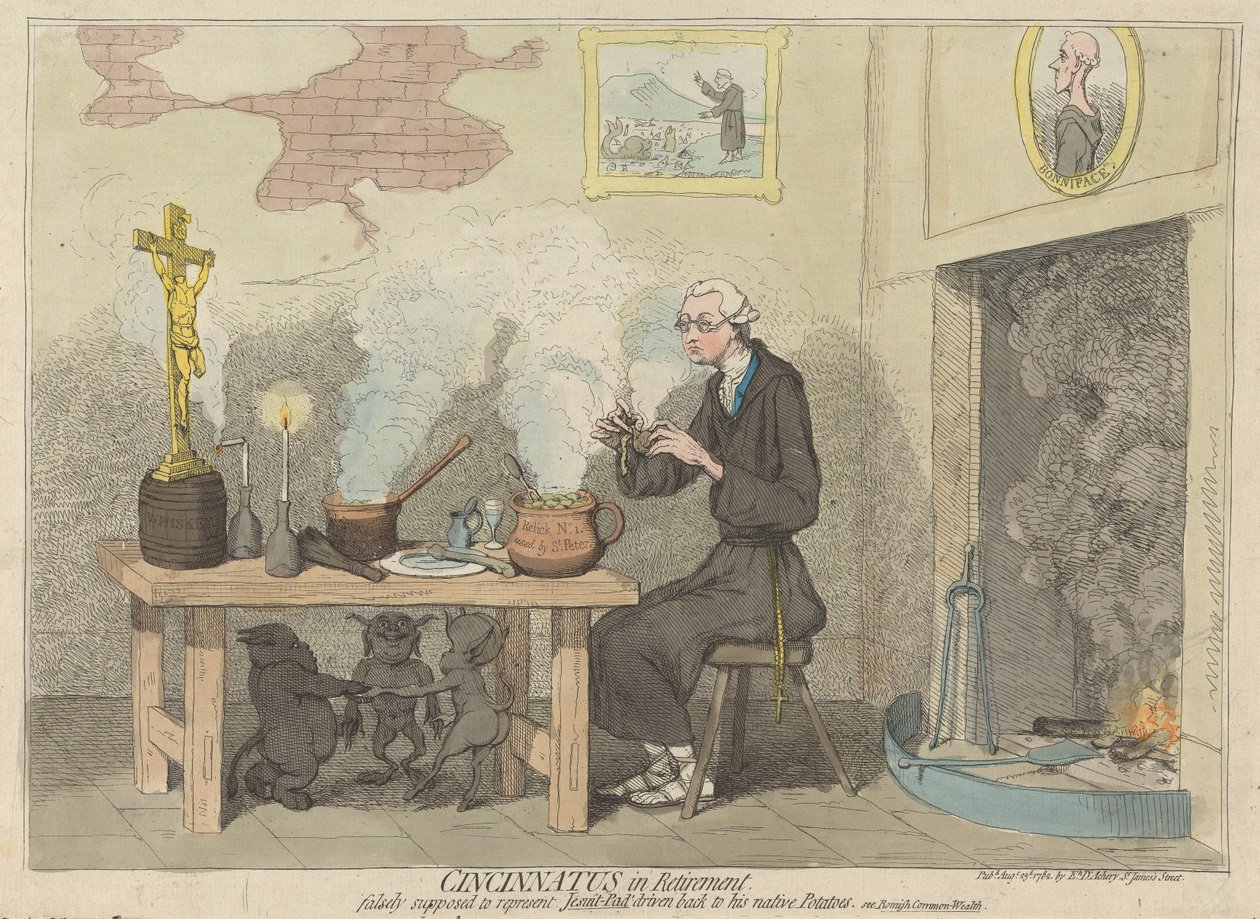 Cincinnatus im Ruhestand, fälschlicherweise als Jesuiten-Pater dargestellt, der zu seinen heimischen Kartoffeln zurückkehrt. (aus: Karikatur, Bd. 2) von James Gillray