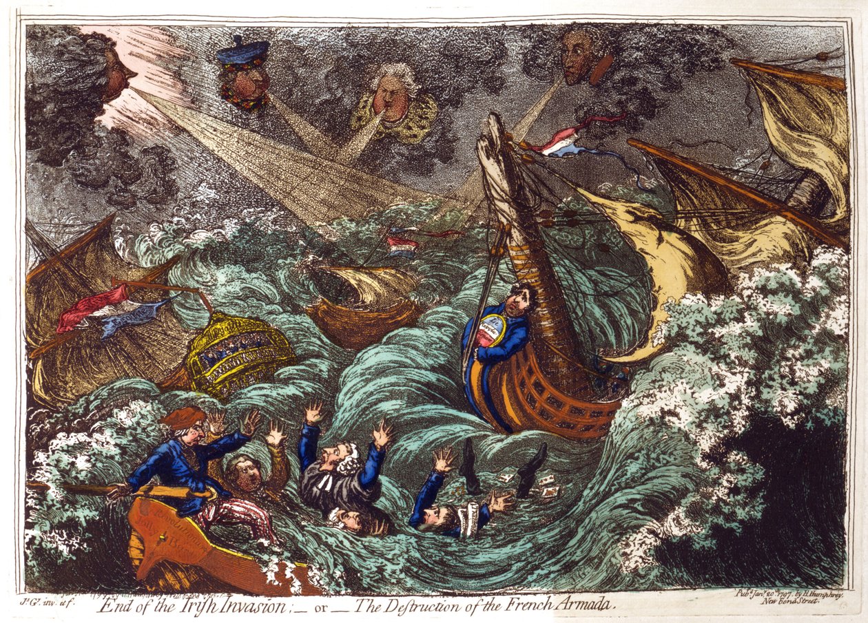 Ende der irischen Invasion - oder - Die Zerstörung der französischen Armada, James Gillray 1797. Französische Schiffe im Sturm zerstört, gesprengt von Pitt, oben links und seinen Ministern. Charles James Fox und seine Oppositionsverbündeten in Gefahr zu er von James Gillray