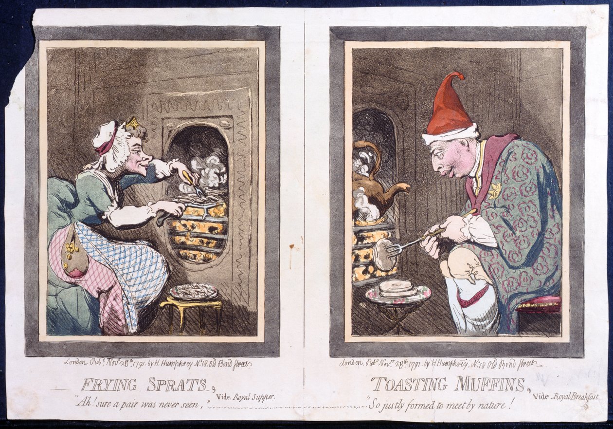 Sprotten braten, oder königliches Abendessen, und Muffins toasten, oder königliches Frühstück, veröffentlicht von Hannah Humphrey im Jahr 1791 (handkolorierte Radierung) von James Gillray