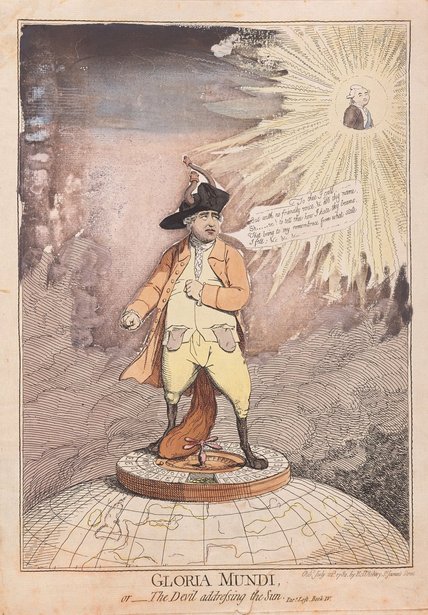 Gloria Mundi oder der Teufel spricht zur Sonne, veröffentlicht 1782 (handkolorierter Stich) von James Gillray