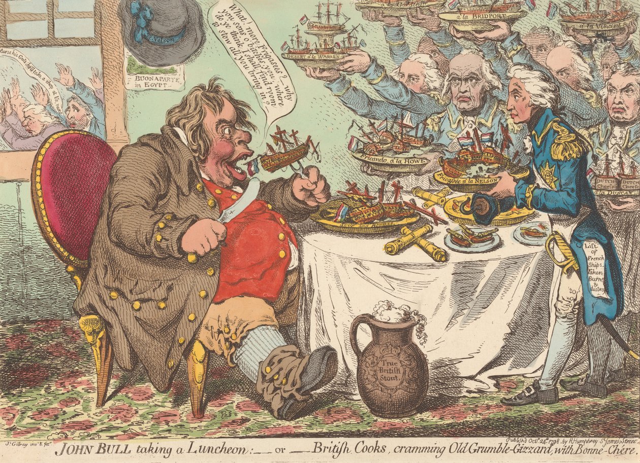 John Bull beim Mittagessen; - oder - Britische Köche, die Old Grumble-Gizzard mit Bonne-Chere stopfen (aus: Karikatur, Bd. 1) von James Gillray