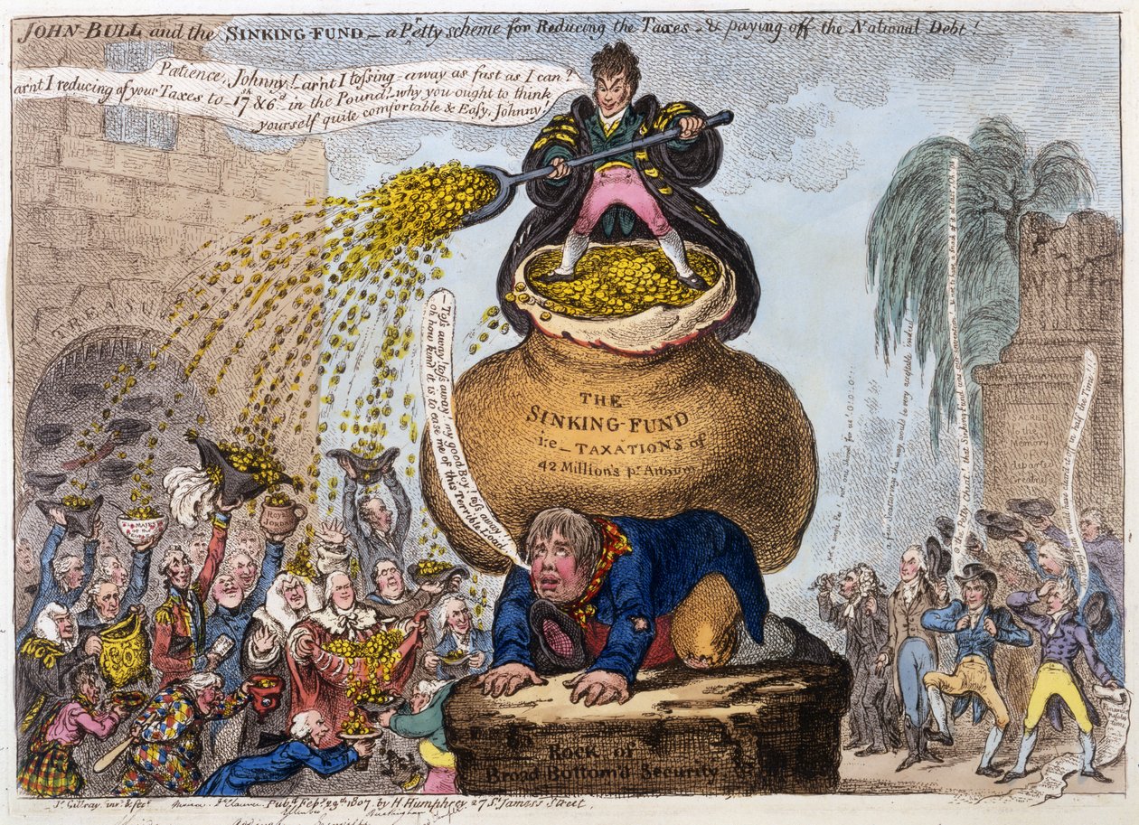 John Bull und der Sinking Fund - ein kleines Schema zur Reduzierung der Steuern und zur Tilgung der Staatsschulden, veröffentlicht von H. Humphrey, London, 1807 von James Gillray