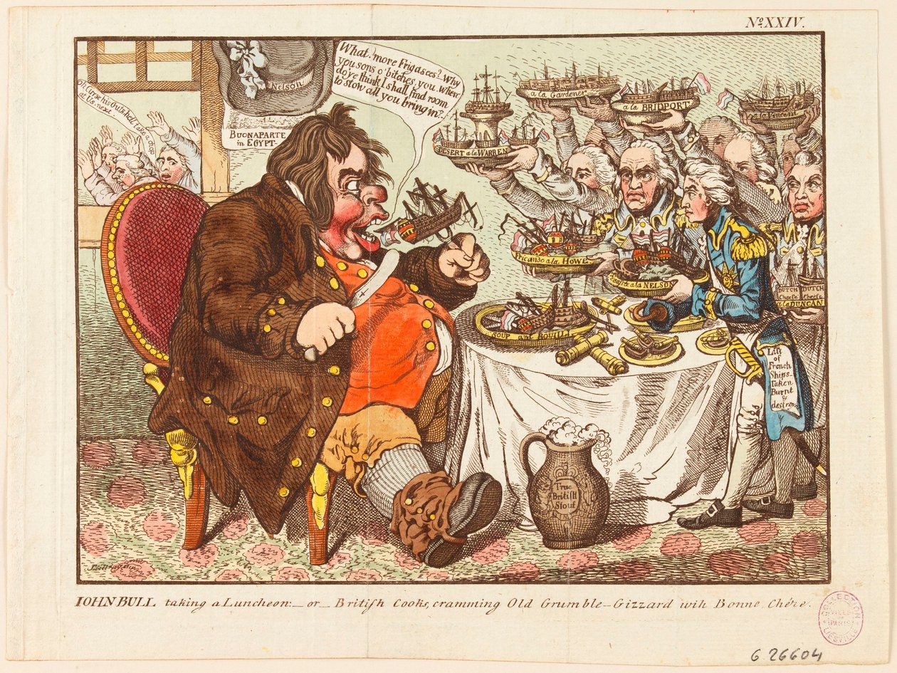 John Bull beim Mittagessen: oder britische Köche, die Old Grumble-Gizzard mit Bonne Chere stopfen von James Gillray