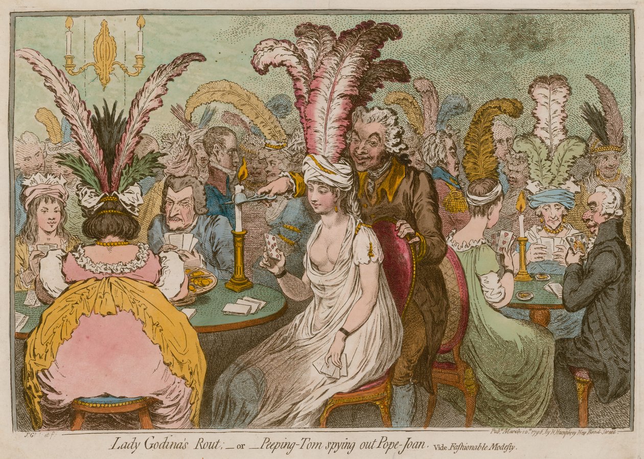 Lady Godinas Rummel oder Peeping-Tom spioniert Pope-Joan aus von James Gillray