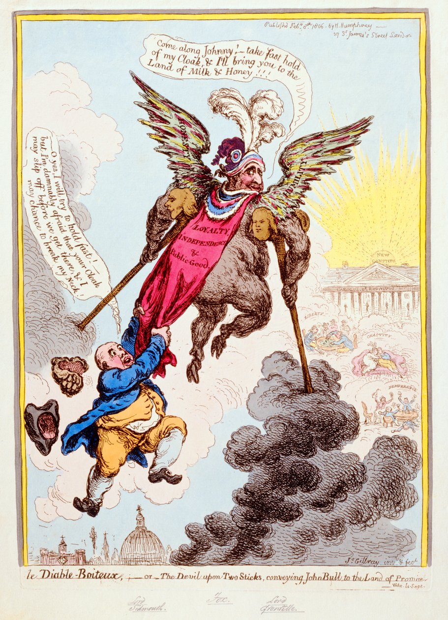 Le Diable-Boiteux, oder Der Teufel auf zwei Stöcken bringt John Bull ins Gelobte Land, veröffentlicht von Hannah Humphrey im Jahr 1806 von James Gillray