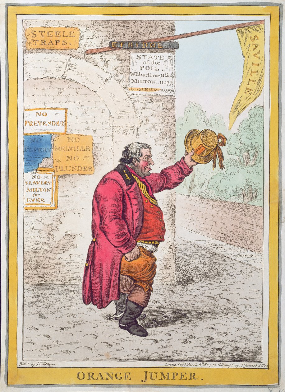 Oranger Pullover, veröffentlicht von Hannah Humphrey im Jahr 1809 (handkolorierte Radierung) von James Gillray