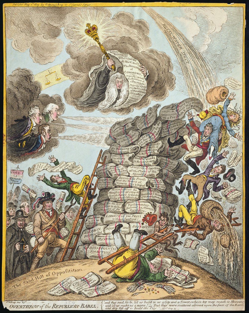 Sturz des republikanischen Babels, veröffentlicht von Hannah Humphrey im Jahr 1809 (handkolorierte Radierung) von James Gillray